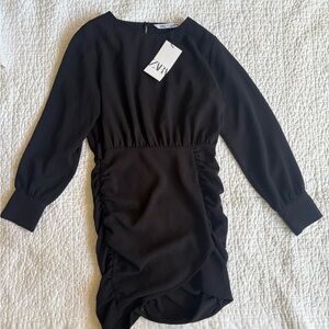 Zara Black Textured Long Sleeve Mini Dress